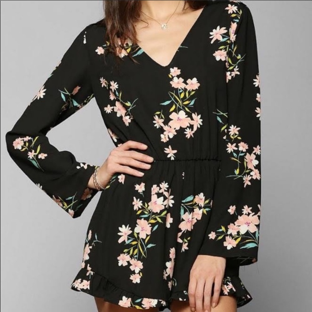 Pins & Needles Black Floral Romper, Long Sleeve, Pink Flowers, Green Leaves